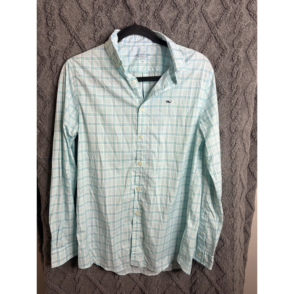Vineyard Vines Performance Whale Shirt Button Down Collard Blue Green Boys XL 18